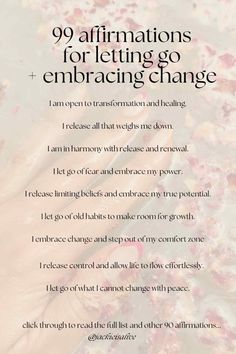 a menu with the words 99 affirmations for letting go embracing change