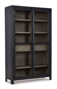 an open bookcase with two doors and shelves on one side, in dark wood