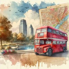 a painting of a red double decker bus with a map on it's back