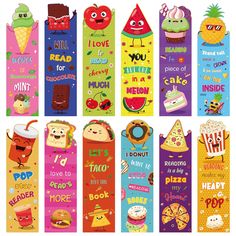 several colorful bookmarks with cartoon characters and words on them, all in different colors