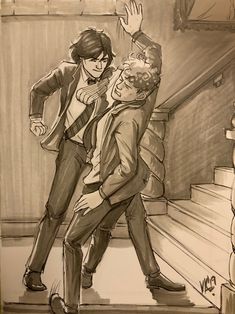 a drawing of two people standing on stairs with one holding the other's hand