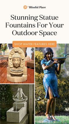 Imagine your backyard adorned with stunning fountain statues, surrounded by vibrant flowers and lush greenery. Experience feelings of serenity and bliss as you relax and connect with nature and your loved ones.  The outdoor water features are perfect for any small garden design and created to transform your garden aesthetic, discover our range of statue water fountains. #outdoorwaterfountains #gardenideas #waterfeatures #gardednart #gardendecor #gardendesign Statue Fountain, Connect With Nature, Garden Aesthetic