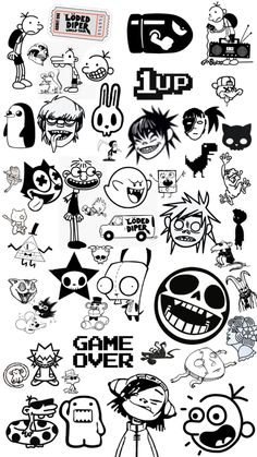 an assortment of cartoon stickers are shown in black and white, with the words up on