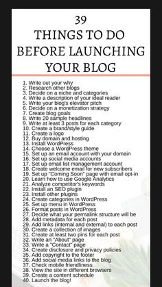 a poster with the words 29 things to do before launching your blog in red and white