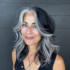 magnific ytUzj7OMlUVv2BUdNU0O Silver Fox Highlights on Jet Black Gray Front Hair Streaks, Grey Hair Streaks Silver, Black Streaks In Grey Hair, Grey Hair Framing Face, Gray Hair In Front Only, Dark Hair With Grey Streak, Grey Stripe Hair Woman, Stacey London Hair, Grey And Dark Hair Color