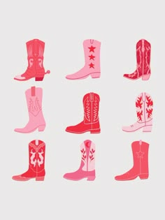 six pairs of pink and red cowboy boots