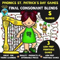 FINAL S BLENDS GAME ST. PATRICK'S DAY ROLL & READ CVCC SK SP ST WORD WORK Final Consonant Blends, Ending Blends, Final Blends, Final S