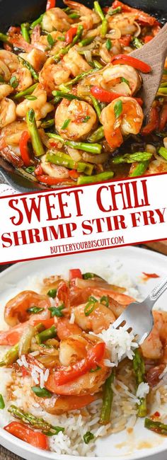 sweet chili shrimp stir fry with rice and asparagus in a skillet on the side