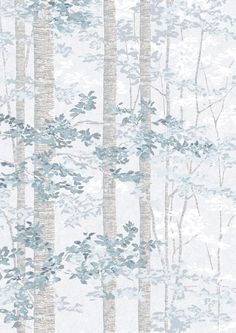 an image of a wallpaper with trees and leaves in blue, white and grey colors