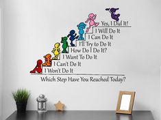 a wall decal with children's drawings on it that says, which step have you reached today?