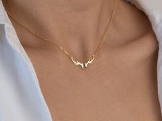 14K Solid Gold Antler Necklace * 14k Gold Deer Antler Necklace with Birthstone * Charm Horn Jewelry * Deer Necklace * Elk Antler Pendant  Channel your love for nature with this exquisite 14K Gold Antler Necklace, designed with delicate deer antlers. Symbolizing strength, grace, and natural beauty, this minimalist piece is perfect for everyday wear or as a subtle statement to elevate any look. Crafted and available in 14K Solid Gold and Gold Plated, this dainty antler pendant hangs elegantly from a fine chain, adding a touch of sophistication to your jewelry collection. ♥ The 14K Solid Gold Deer pendant with birthstone symbolizes resilience and guidance, reflecting the transformative journey through life's challenges and the spirit of unwavering determination. --------------------♡--------- Deer Pendant, Deer Antler Necklace, Deer Antlers Necklace, Deer Necklace, Random Objects, Gold Deer, Antler Pendant, Elk Antler, Antler Necklace