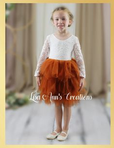 Flower Girl Dress Burnt Orange Tulle with Long White Lace Sleeves Lace Sleeves Dress, Orange Flower Girl, 4t Dress, Long Lace Sleeves, Long Sleeve Layer, Burnt Orange Dress, Lace Dress With Sleeves, Orange Flower, Long Sleeve Lace Dress