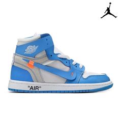 a pair of blue and white sneakers with the air jordan logo