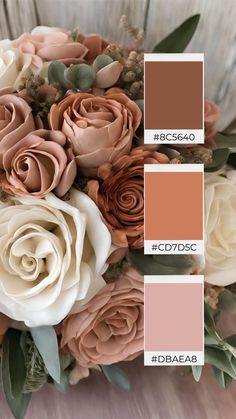 a bouquet with roses and greenery is shown in shades of brown, pink, and white