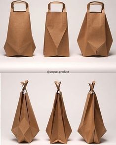 four different views of an origami bag, each with handles and the same design