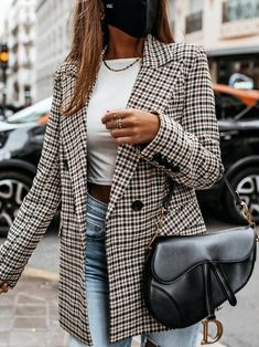 Blazer Casual, Slim Blazer, Womens Suits Business, Womens Jackets Casual, Blazer Jackets For Women, Plaid Sleeve, Long Sleeve Outerwear, Plaid Suit, Plaid Coat