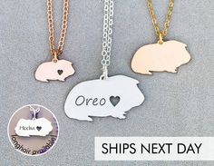 three different types of necklaces with the words one love and two pigs on them