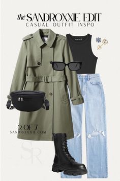 All items linked. Street style with a minimal vibe Outfit Combat Boots, Casual Trench Coat Outfit, Trench Coat Outfit Spring, Army Green Outfit, Outfits For The Week, Rainy Outfit