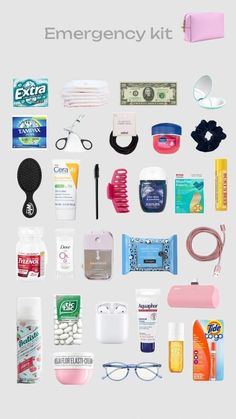 the contents of an emergency kit laid out on top of each other, including toothbrushes, sunscreens, eyeglasses and more