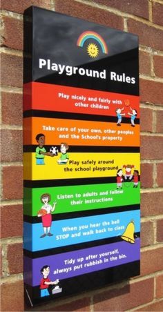 a sign on the side of a building that says playground rules