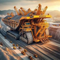 a large yellow construction vehicle in the middle of a dirt road next to dump trucks