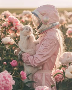 a woman in a pink suit holding a white cat while standing in a field of flowers