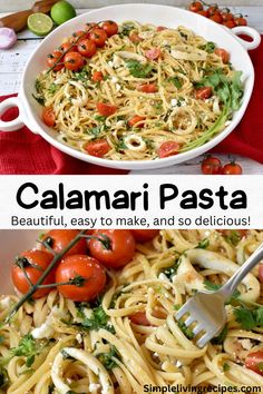 Big round dish with linguini, calamari rings, tomatoes, and cilantro, with dressing. Pasta With Calamari, Calamari Pasta Recipes, Calimari Dishes, Calamari Pasta, Calamari Rings, Calamari Salad, Dinner Seafood