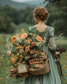 a woman holding a basket filled with flowers