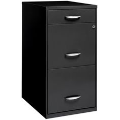 a black filing cabinet with two drawers on each side and one door open to reveal the bottom drawer