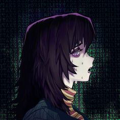 an anime character with long black hair and purple eyes, standing in front of a digital background