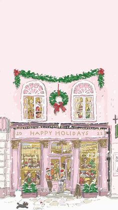 a drawing of a store front decorated for christmas