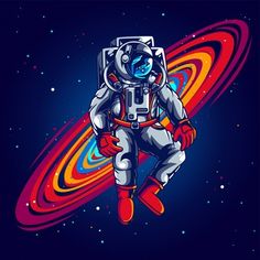 an astronaut floating in the space with colorful swirls around him and on his feet