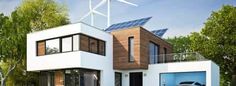 a modern house with solar panels on the roof