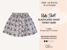 Make this cute Kids Twirly Skirt with this Downloadable PDF Sewing Pattern & Instructions. The pattern comes with instructions for 2 different styles, one plain and one with a decorative mock button placket at the front. The skirt is pull up style with an elasticated waist for maximum comfort and sits just above the Knee.  In 9 sizes: 2-3 years up to 11 - 12 years This pattern comes with easy illustrated instructions  A4/US Letter Pattern for home printing  A0 size for larger format print shop p Gathered Skirt Pattern, Pdf Sewing Patterns Kids, Illustrated Instructions, Twirly Skirt, Skirt Sewing, Girls Skirt, Skirts For Kids, Large Format Printing, Sewing Skirts