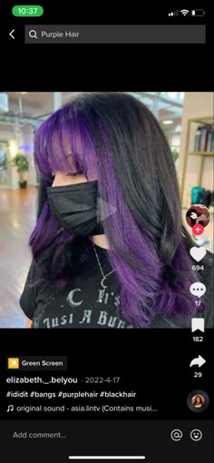 Short Black Hair With Color Underneath, Purple And Black Peekaboo Hair, Purple Money Piece Hair With Bangs, Purple Panels In Hair, Black N Purple Hair, Black On Top Purple Underneath Hair, Brown Hair With Purple Bangs, Black Hair With Purple Halo, Dark Purple Halo Hair