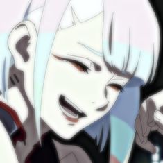 an anime character with white hair and blue eyes pointing to the side while talking on a cell phone