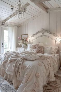 a bedroom with white bedding and chandelier