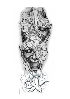 an artistic tattoo design with flowers and demon's head on the left side of the leg