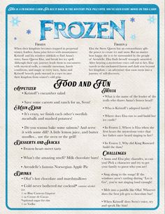 the menu for frozen is shown in blue and white