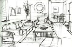 a drawing of a living room with couches and tables