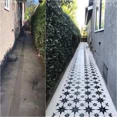 two pictures side by side one with black and white tiles on the floor, the other with green bushes