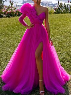 Ball Gown Prom Dresses Elegant Dress Prom Sweep / Brush Train Long Sleeve One Shoulder Tulle with Ruffles Slit 2023 2023 - US $160.99 Prom Dresses Elegant, Pink Gown, Tulle Evening Dress, Party Kleidung, Formal Party Dress, فستان سهرة, Gown Prom, Mothers Dresses, Ball Gowns Prom