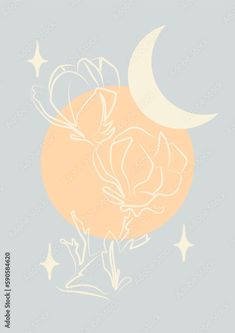 a drawing of a flower and the moon on a light blue background with white stars