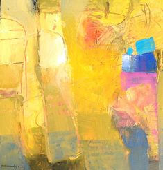 an abstract painting with yellow and blue colors