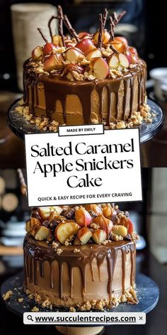 two cakes stacked on top of each other with the words salted caramel apple slices cake