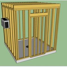 a drawing of a dog kennel with the door open and an air conditioner on top