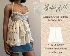 an image of a woman wearing a dress with ruffles on it and the words, baby doll digital sewing pattern beginner level