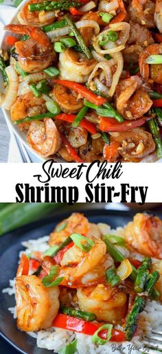 shrimp stir fry with vegetables and rice on a plate