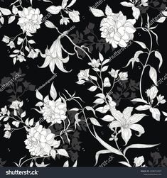 black and white floral wallpaper with flowers on the left side, in front of a dark background