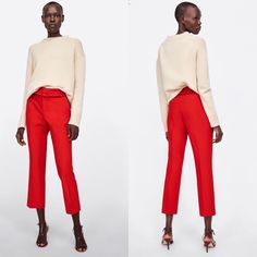 Nwot Size Large. Beautiful Red Color With Super Feminine Ruffle Detailing Song Waistband. Waist 15” Rise 11” Inseam 26” P0ab-0980 Red Summer Office Pants, Zara Red Straight Leg Pants, Red Stretch Pants For Office, Red Office Pants For Spring, Chic Red Pants For Fall, Zara Red Pants For Fall, Chic Red Zara Bottoms, Red Ankle-length Workwear Pants, Red Ankle-length Pants For Workwear